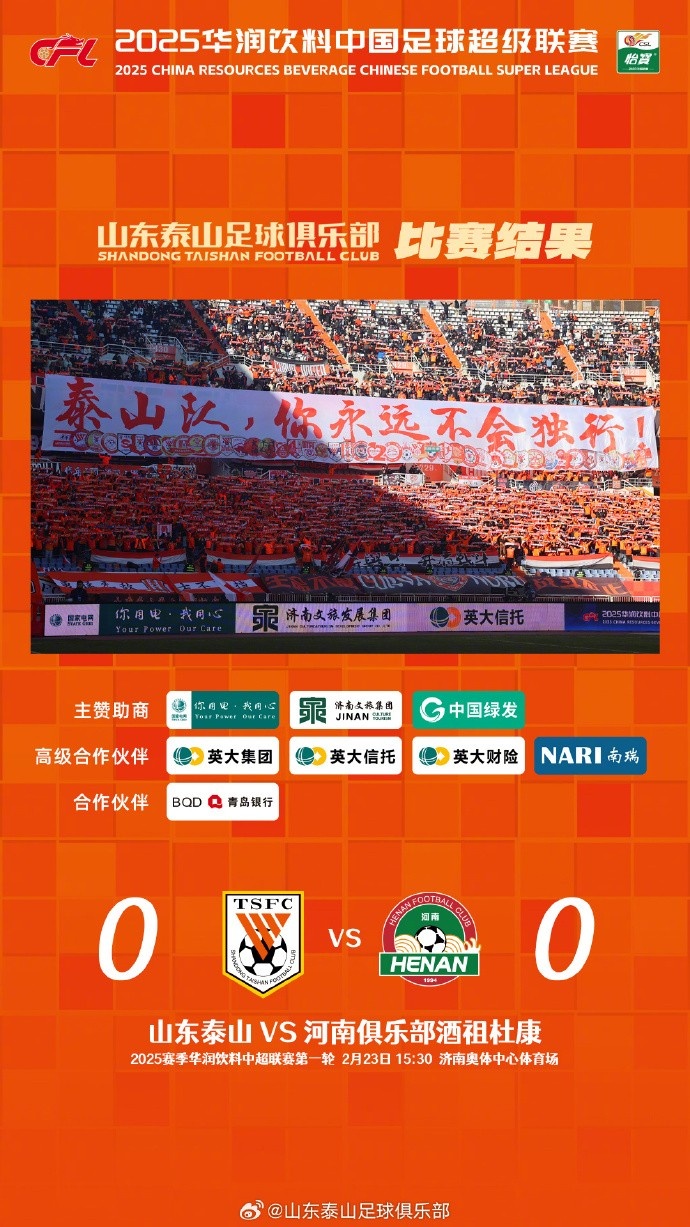 中超首戰(zhàn)，泰山隊(duì)雖未取勝，但全隊(duì)展現(xiàn)出了頑強(qiáng)的拼搏精神